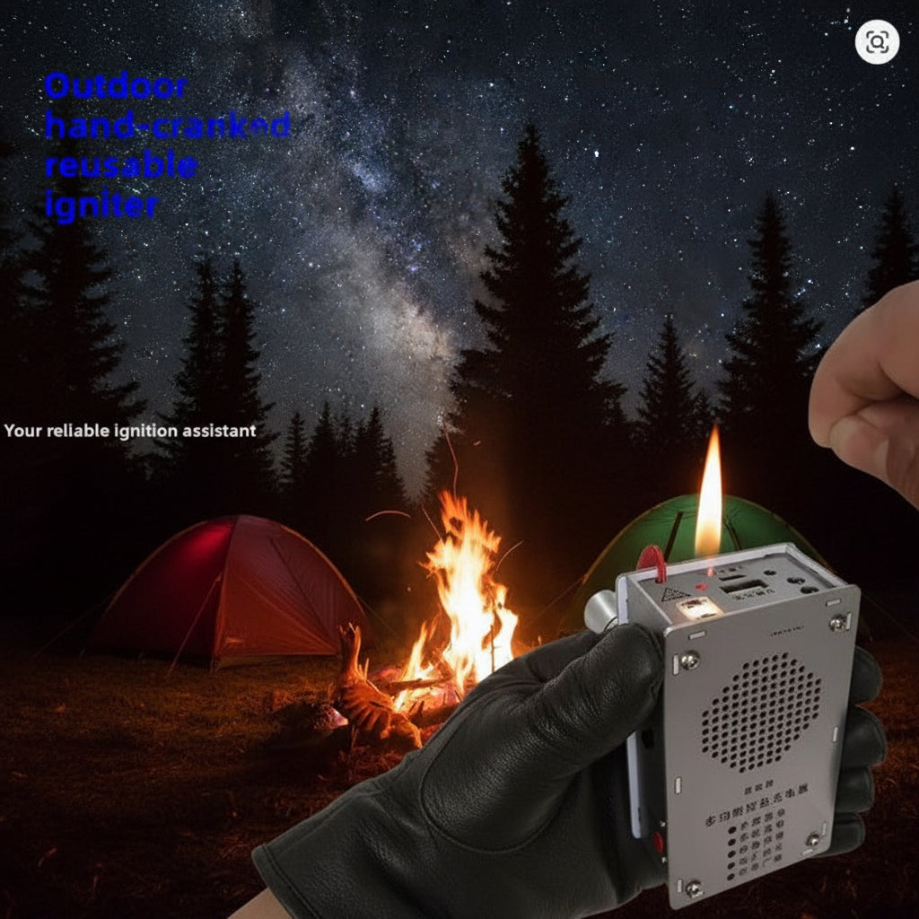 Hand holding a small igniter over a campfire with a white color text about an outdoor hand-cranked reusable igniter.