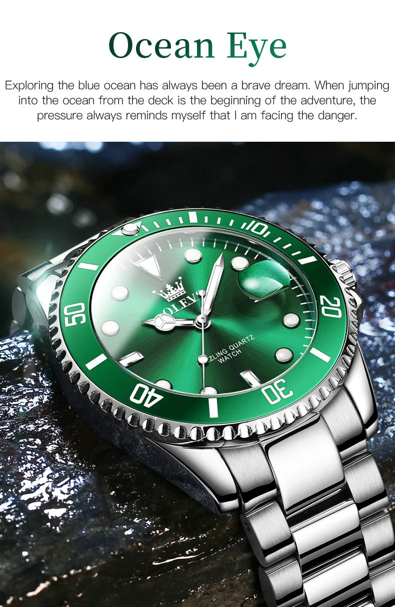 A OLEVS Green Men Watch Silver Luxury Watches for Men Stainless Steel Large Dial Watches Date Waterproof Dress Casual Relojes para Hombres
