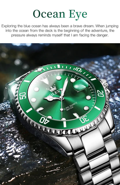 A OLEVS Green Men Watch Silver Luxury Watches for Men Stainless Steel Large Dial Watches Date Waterproof Dress Casual Relojes para Hombres