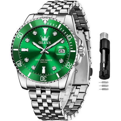 A OLEVS Green Men Watch Silver Luxury Watches for Men Stainless Steel Large Dial Watches Date Waterproof Dress Casual Relojes para Hombres