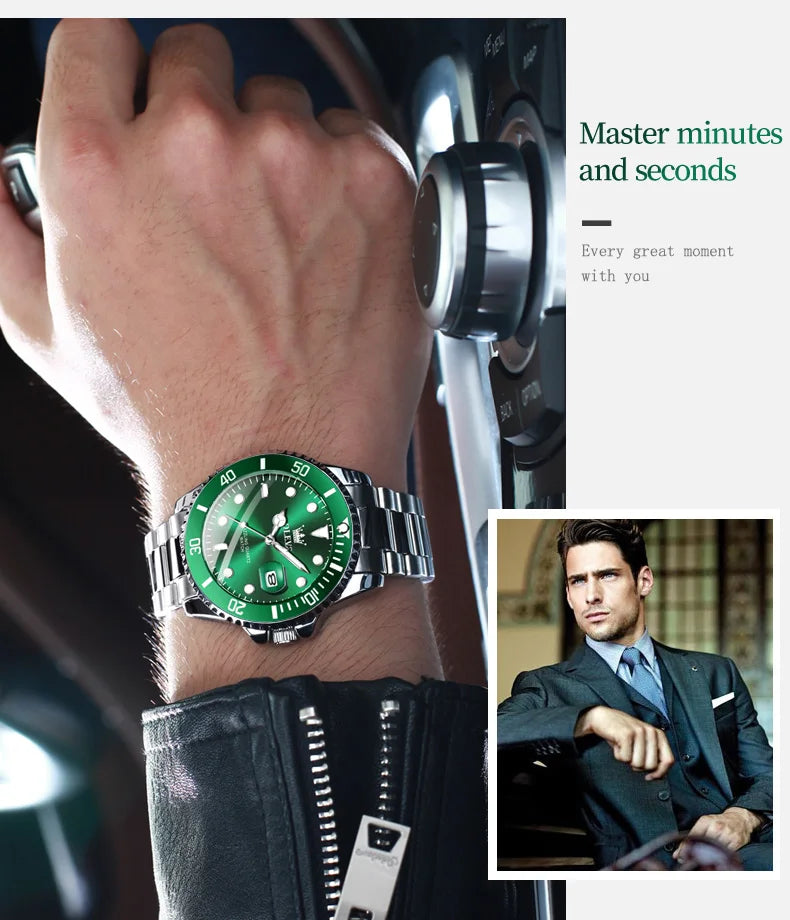 A OLEVS Green Men Watch Silver Luxury Watches for Men Stainless Steel Large Dial Watches Date Waterproof Dress Casual Relojes para Hombres