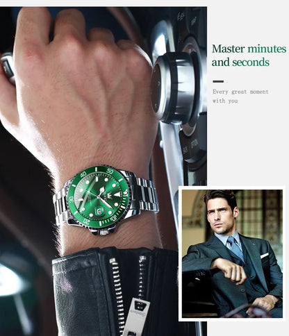 A OLEVS Green Men Watch Silver Luxury Watches for Men Stainless Steel Large Dial Watches Date Waterproof Dress Casual Relojes para Hombres