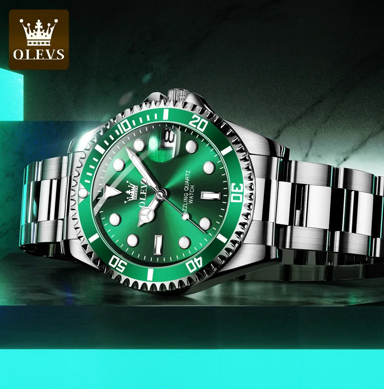 A OLEVS Green Men Watch Silver Luxury Watches for Men Stainless Steel Large Dial Watches Date Waterproof Dress Casual Relojes para Hombres