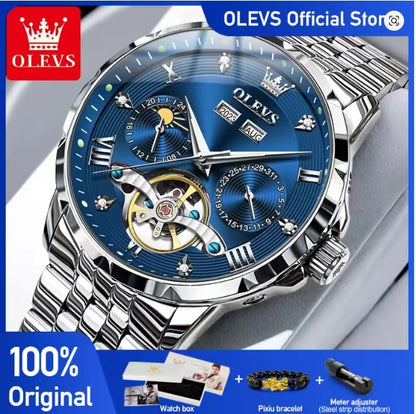 OLEVS Mens Automatic Watch Luxury Dress Diamond Self Winding Skeleton Tourbillion Stainless Steel Original Watches for Men