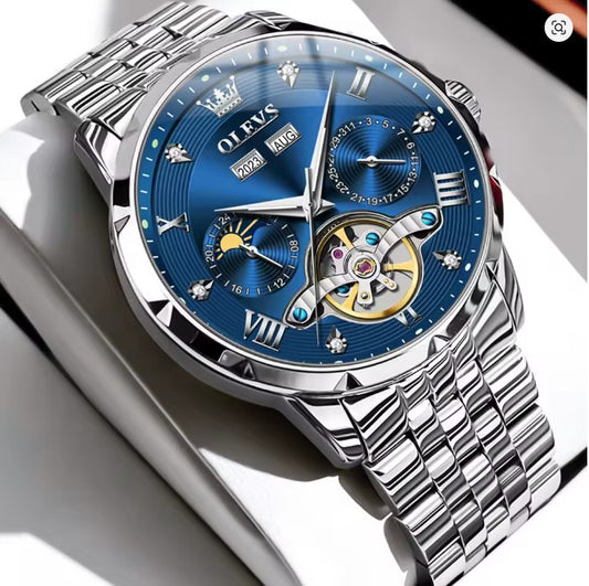 OLEVS Mens Automatic Watch Luxury Dress Diamond Self Winding Skeleton Tourbillion Stainless Steel Original Watches for Men