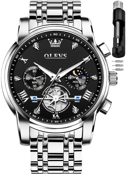 OLEVS Men Black Watch Chronograph Business Dress Analog Quartz Stainless Steel Waterproof Luminous Moon Phase Luxury Casual Wrist Watch Men