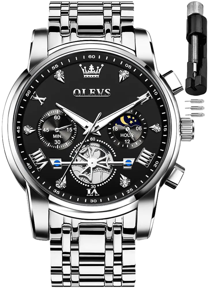 OLEVS Men Black Watch Chronograph Business Dress Analog Quartz Stainless Steel Waterproof Luminous Moon Phase Luxury Casual Wrist Watch Men