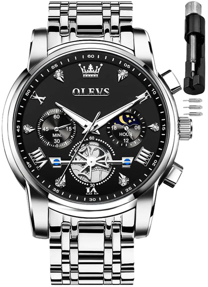 OLEVS Men Black Watch Chronograph Business Dress Analog Quartz Stainless Steel Waterproof Luminous Moon Phase Luxury Casual Wrist Watch Men