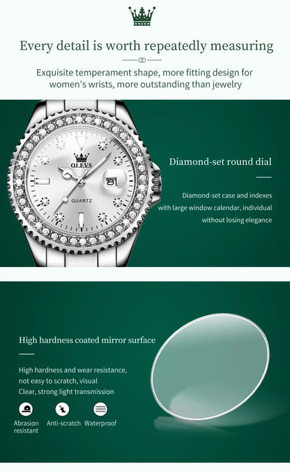 A OLEVS Watches for Women Diamond Luxury Dress Silver Wrist Watch Stainless Steel Waterproof Luminous Date