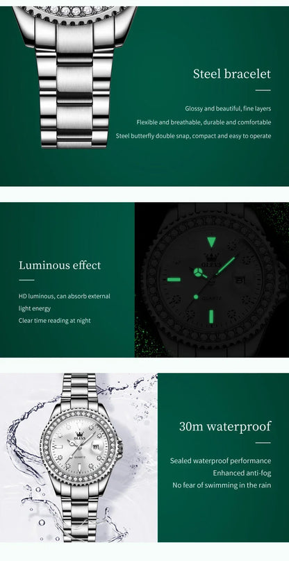 A OLEVS Watches for Women Diamond Luxury Dress Silver Wrist Watch Stainless Steel Waterproof Luminous Date