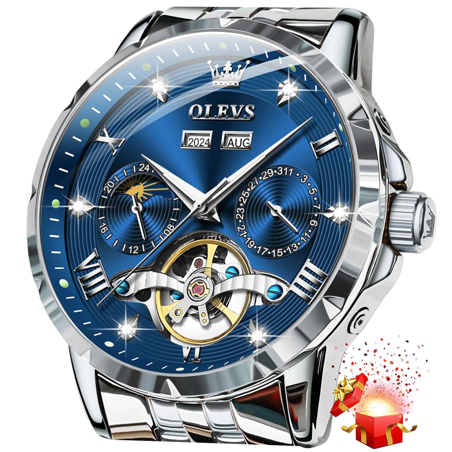 OLEVS Mens Automatic Watch Luxury Dress Diamond Self Winding Skeleton Tourbillion Stainless Steel Original Watches for Men